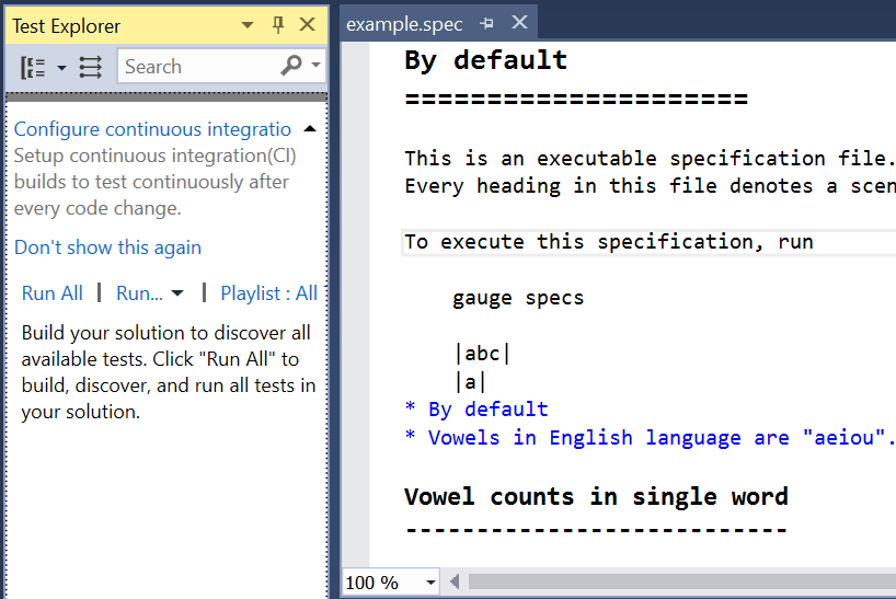 Test explorer should display all the specs for execution · Issue 217