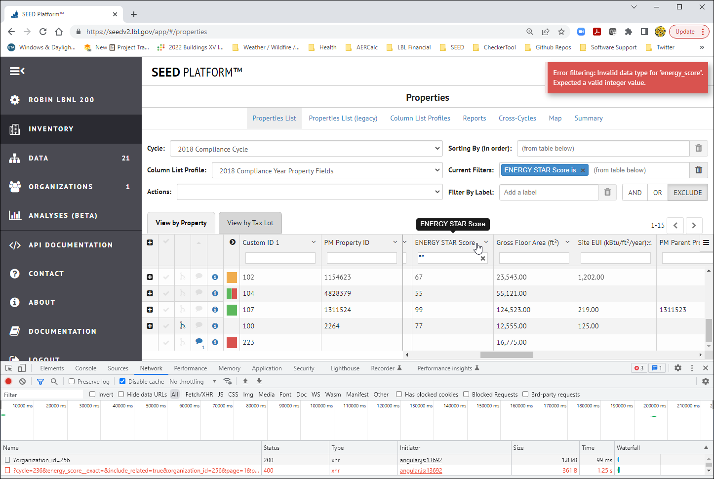 New Property List View -- filtering sometimes gives 400 / 500 errors ...