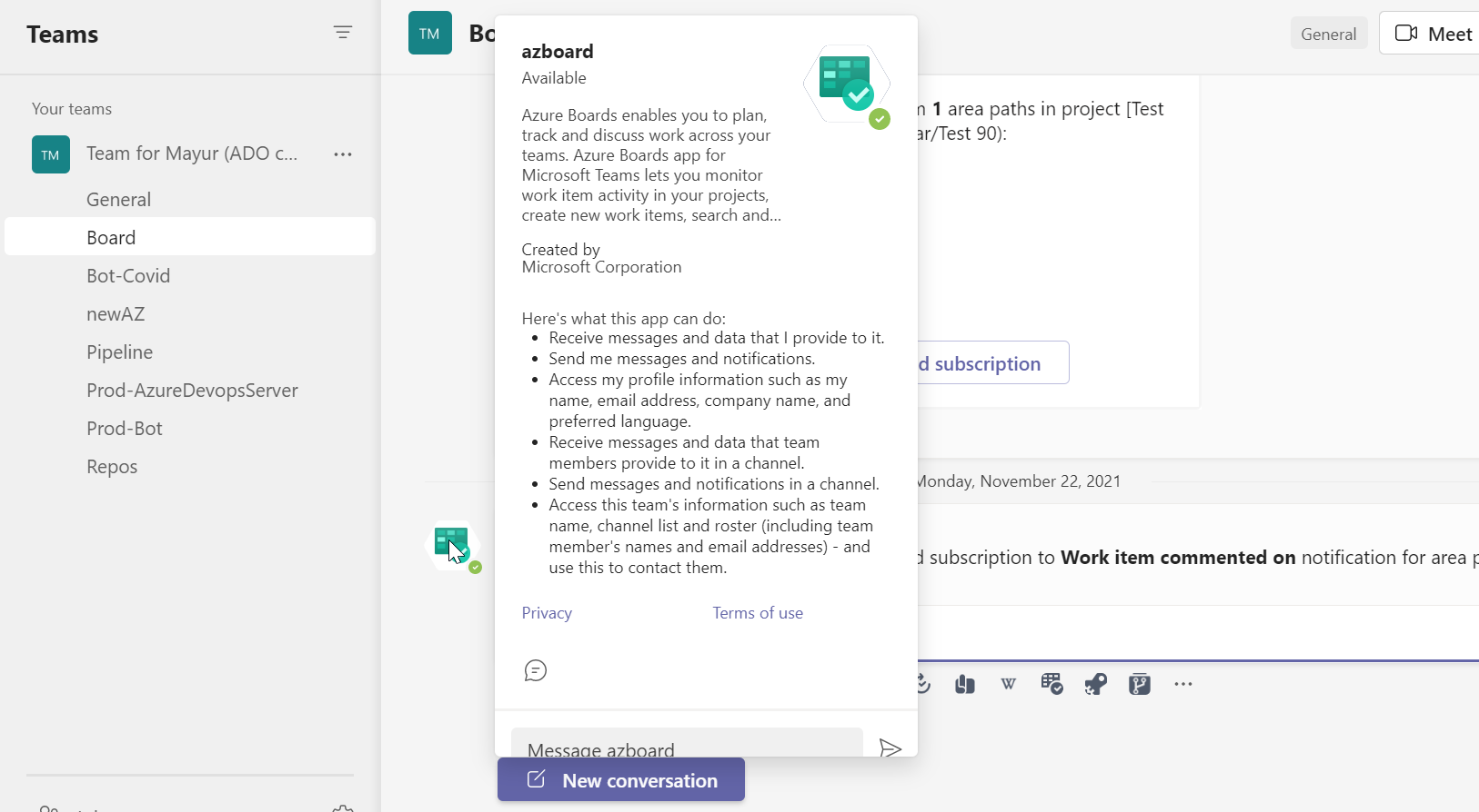The app info that comes up on mouse hover for bots in Teams is not ...