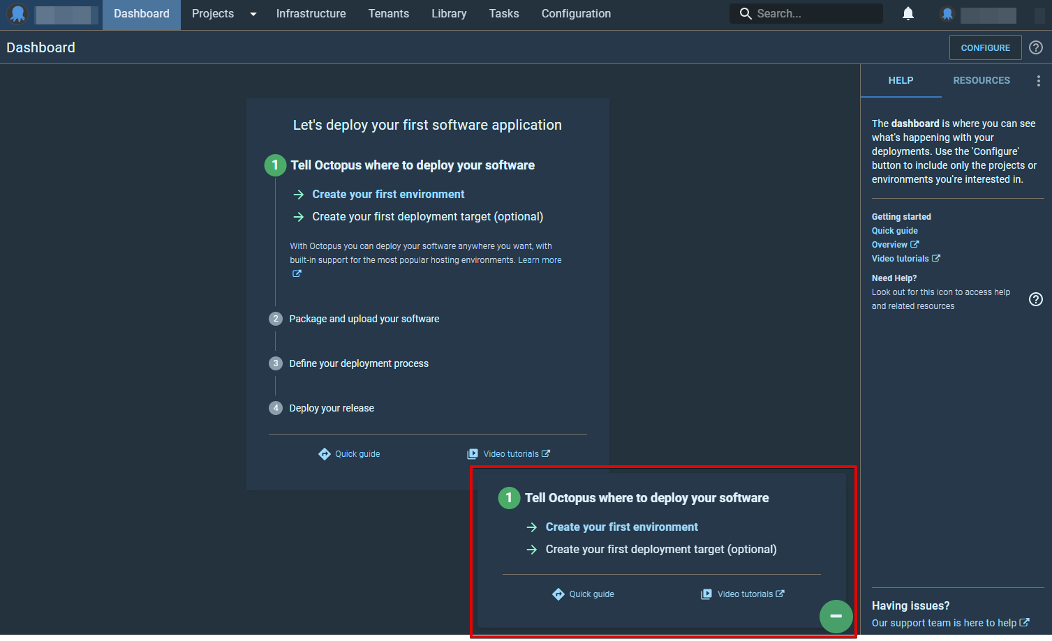 First deployment guide / tutorial / walkthrough cannot be dismissed ...