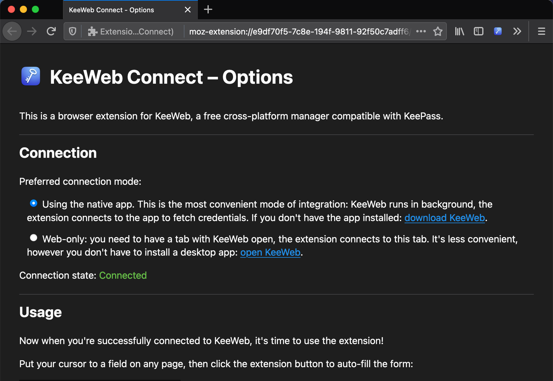 KeeWeb Connect Settings