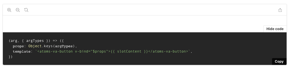 A Docs tab in Storybook with no visual preview of the component and showing Storybook specific code rather than the component code