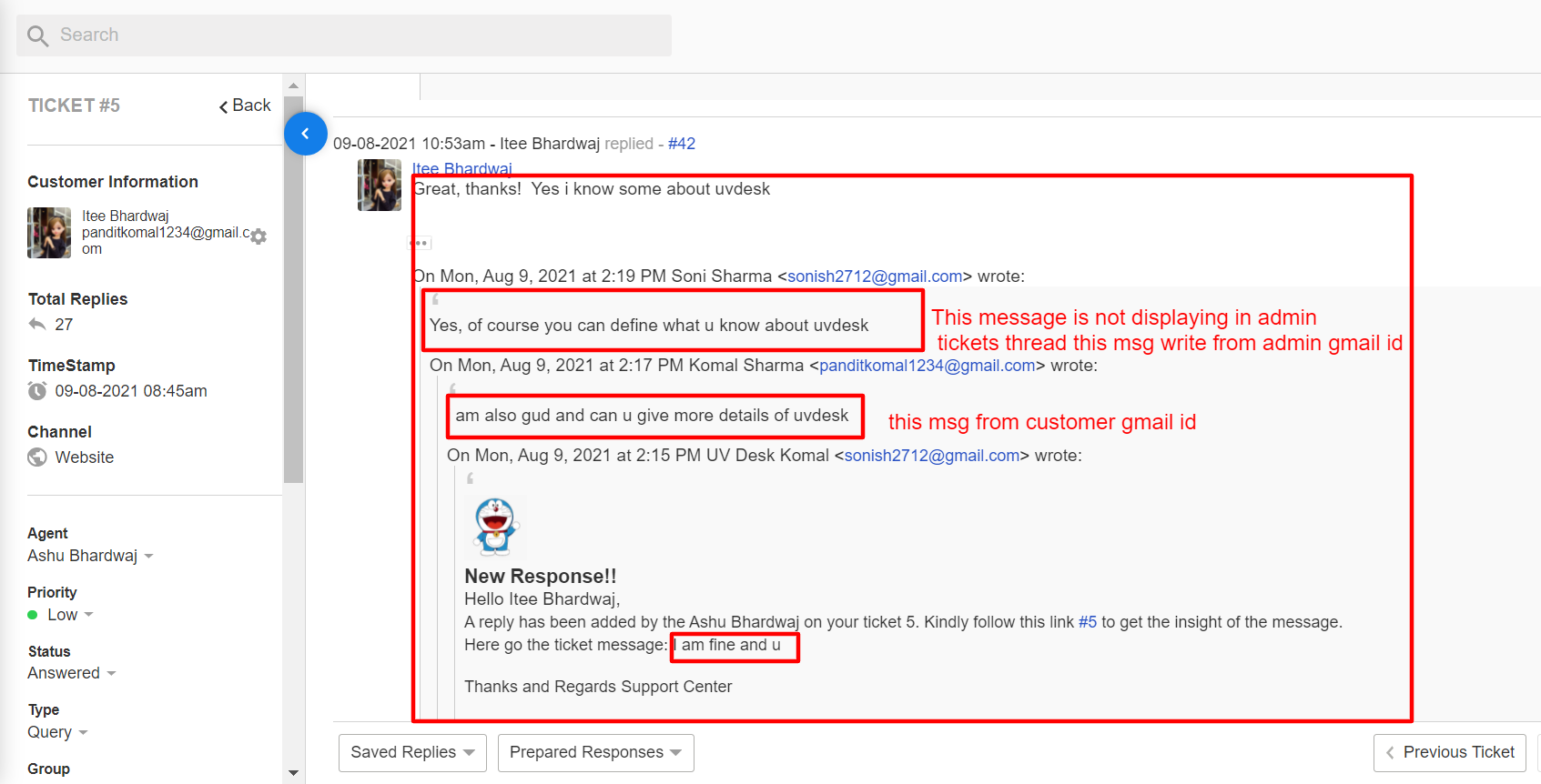 Gmail Replies from admin gmail is not added in ticket thread of admin ...