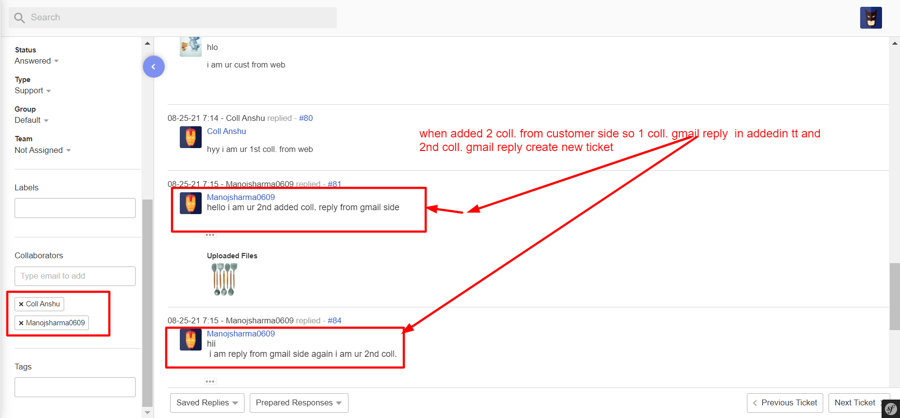 When added 2 collaboarators from customer side and reply from gmail ...