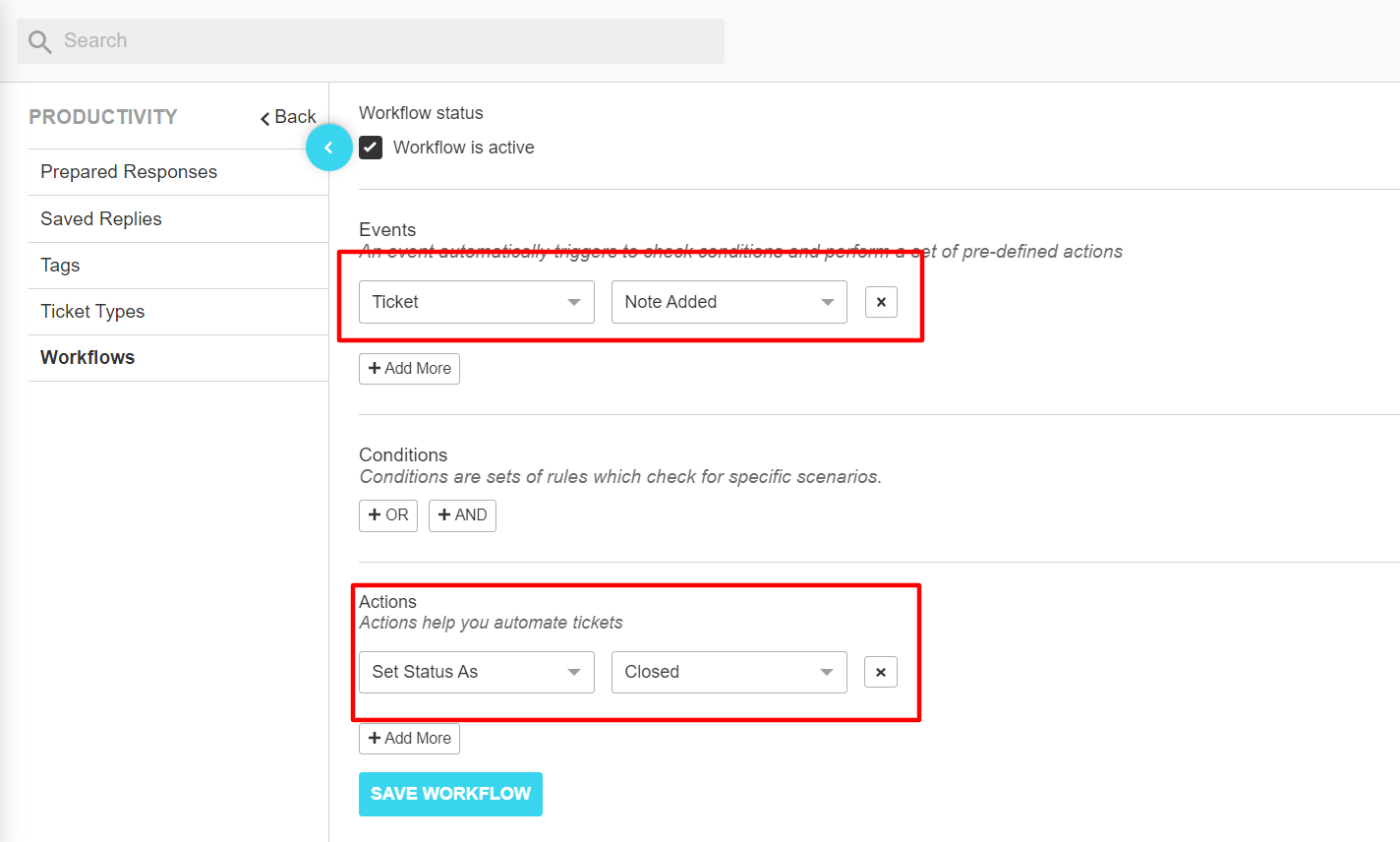 When I create a workflow for ticket -> Note Added so action is not ...