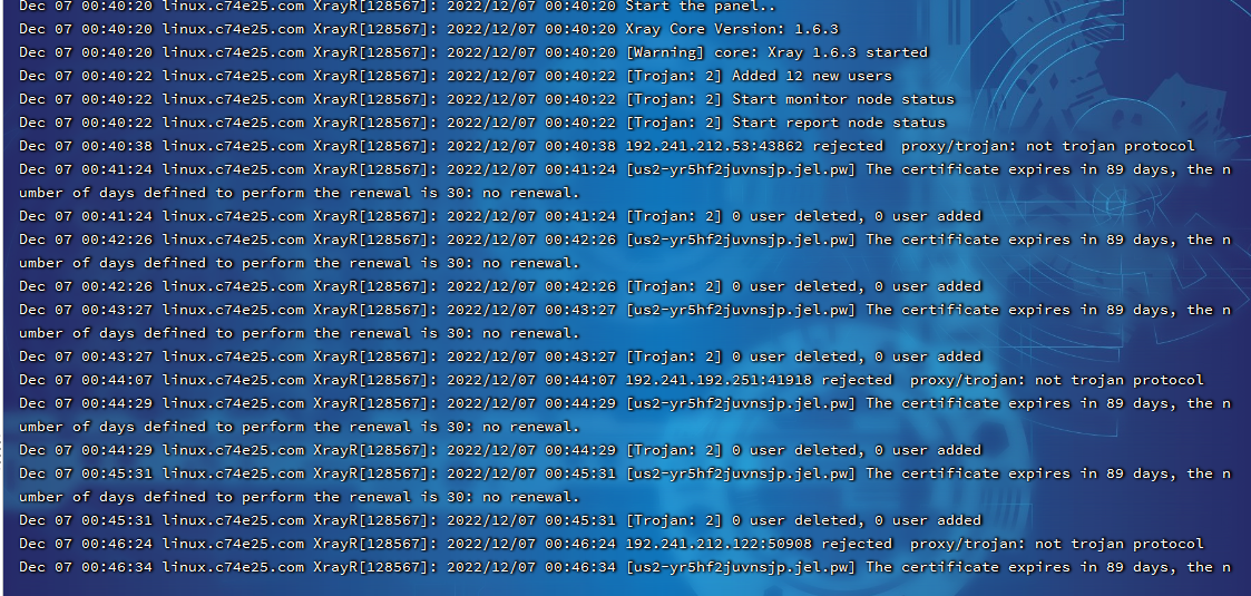 V2brod面板对接 trojan 协议时服务端日志出现rejected proxy/trojan: not trojan protoco ...