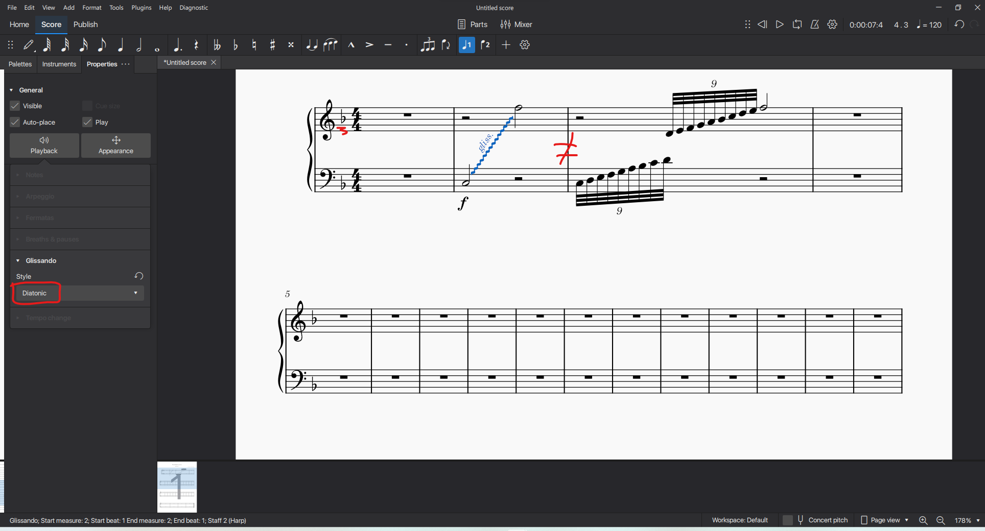[MU4 Issue] Harp glissandi plays incorrect scale when manually