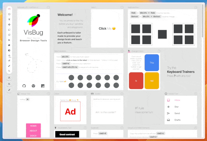 A screen capture demonstrating the VisBug resize feature not working