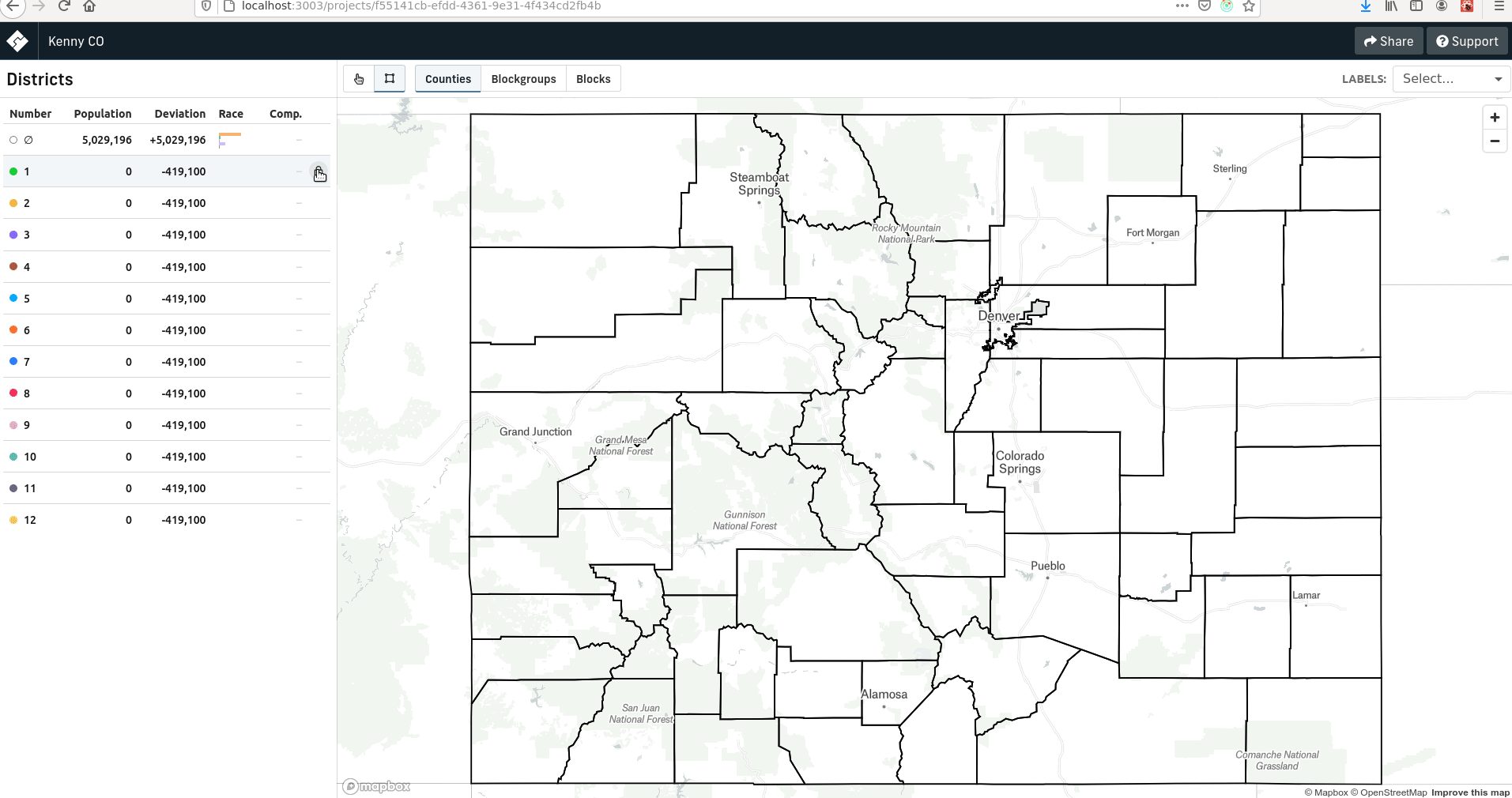 screengrab of drawing districts in DistrictBuilder