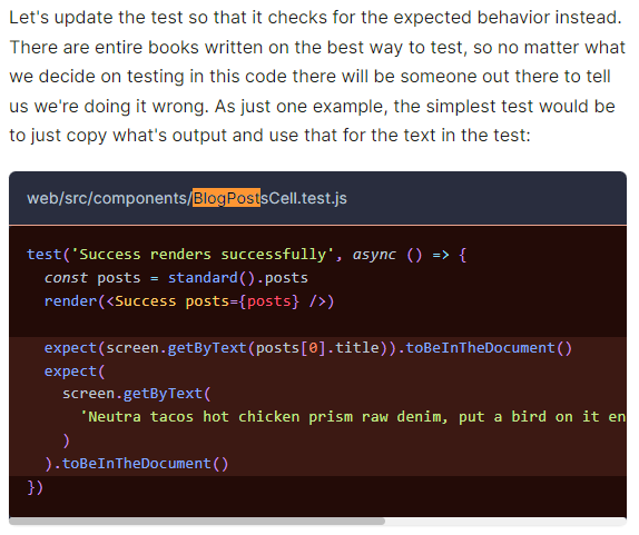 Tutorial II - Our First Test - Code block for web/src/components ...