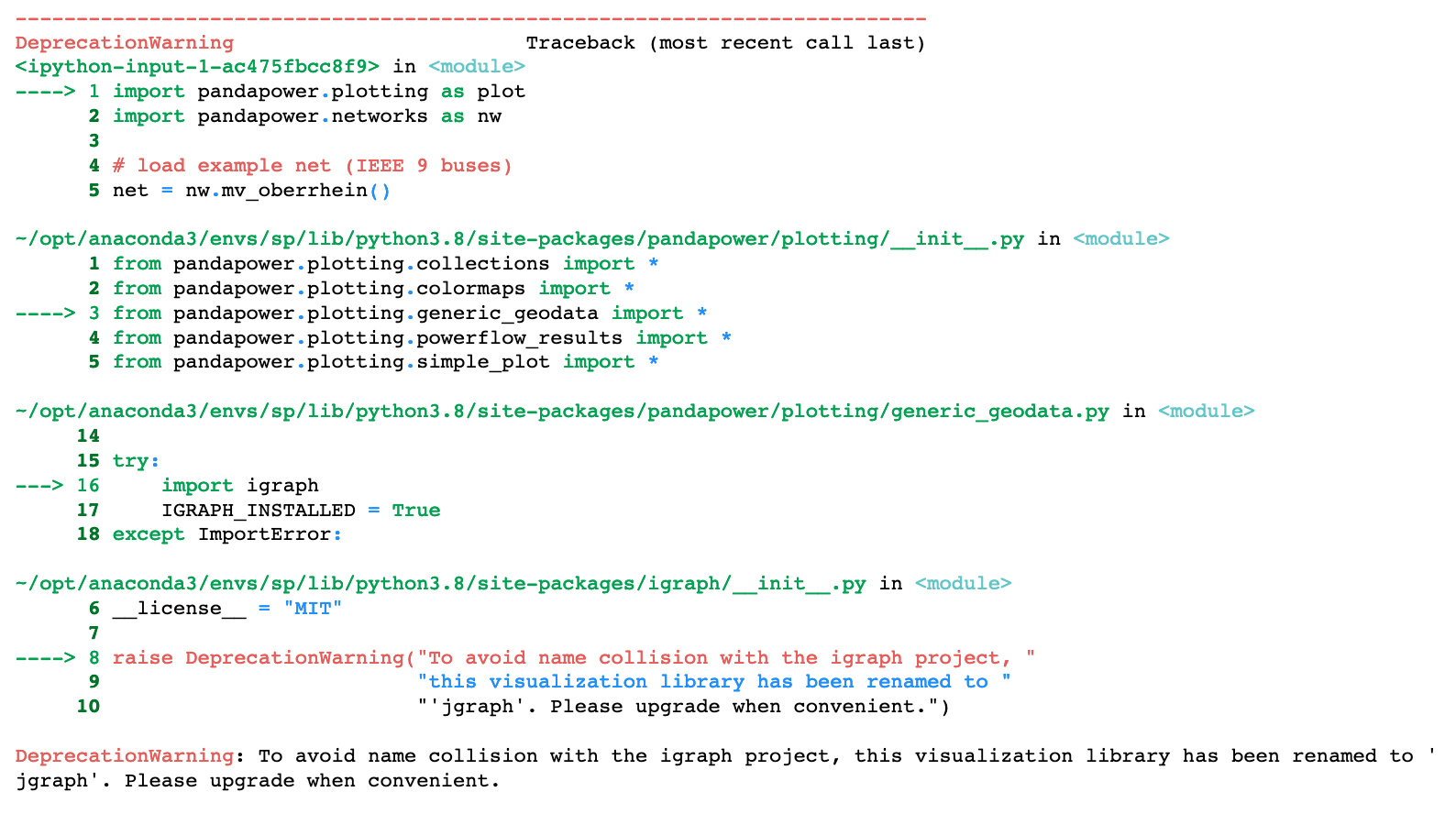outdated python engine warning is confusing during... DepreciationWarning: ipragh --> jgraph error in /pandapower/plotting ...