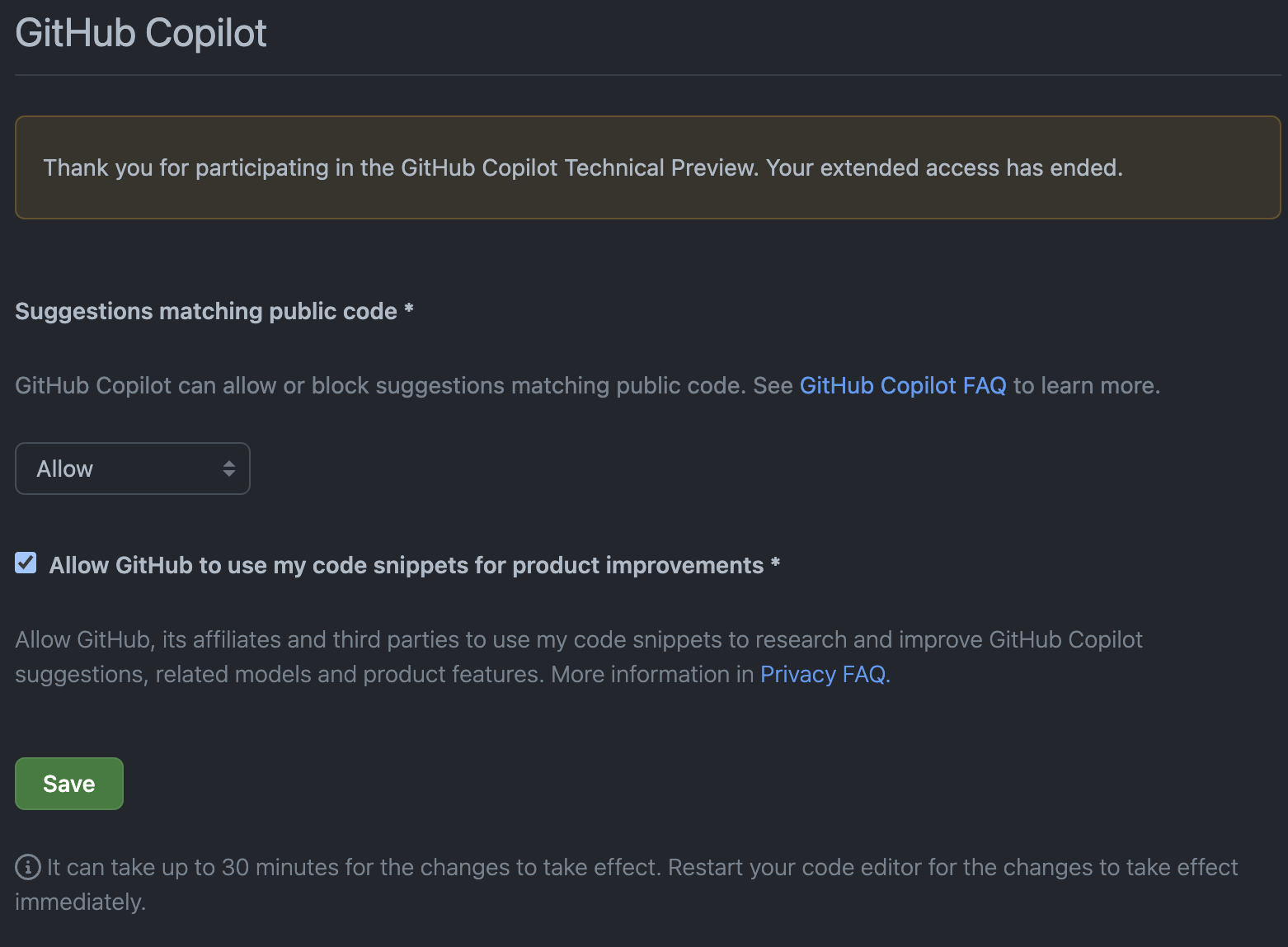 "Thank you for participating in the GitHub Copilot Technical Preview ...