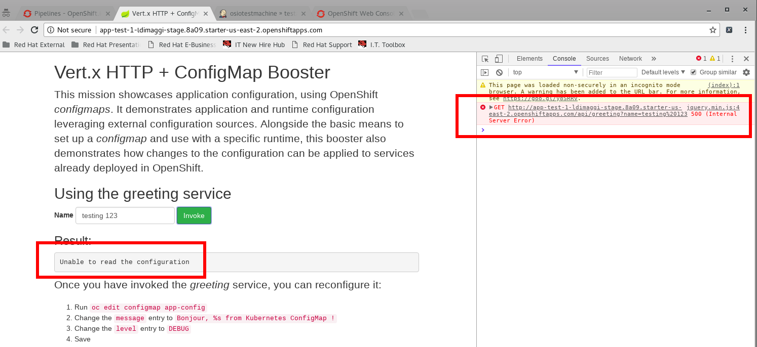 Vert.x ConfigMap quickstart installed from new launcher builds fails