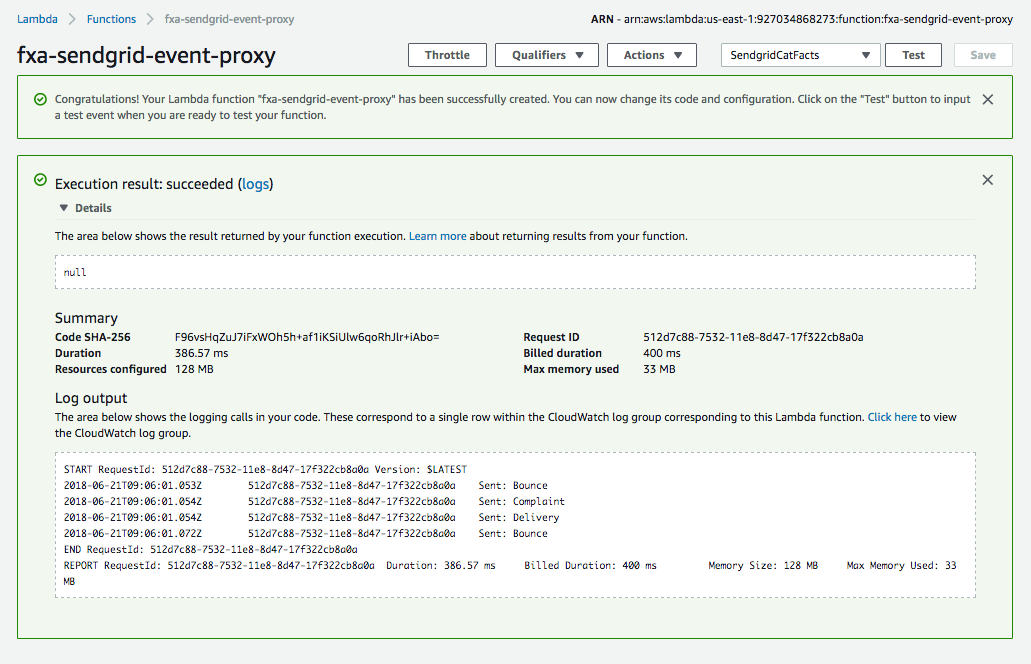 Screenshot of the lambda console in AWS showing a successful test run of fxa-sendgrid-event-proxy