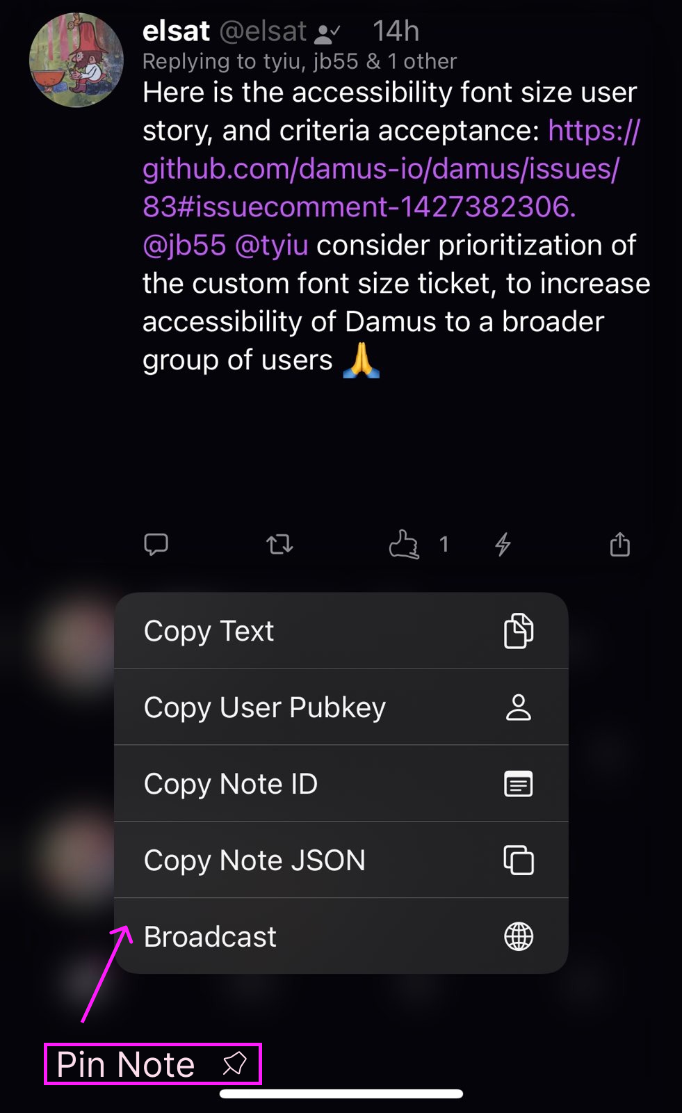 Pin Note Menu Option