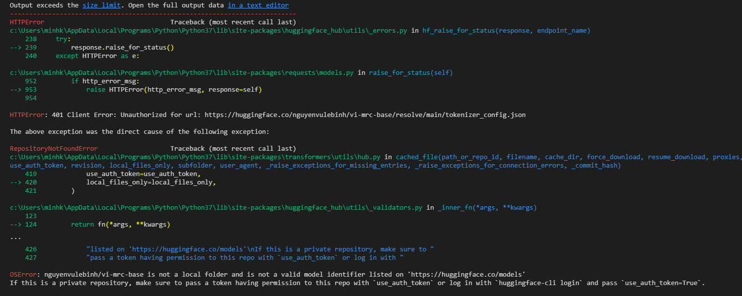 huggingface遇到oserror: we couldn‘t connect to... Cant link model huggingface! · Issue #1 · Telegram-Zalo/zac2022-e2e-qa ...
