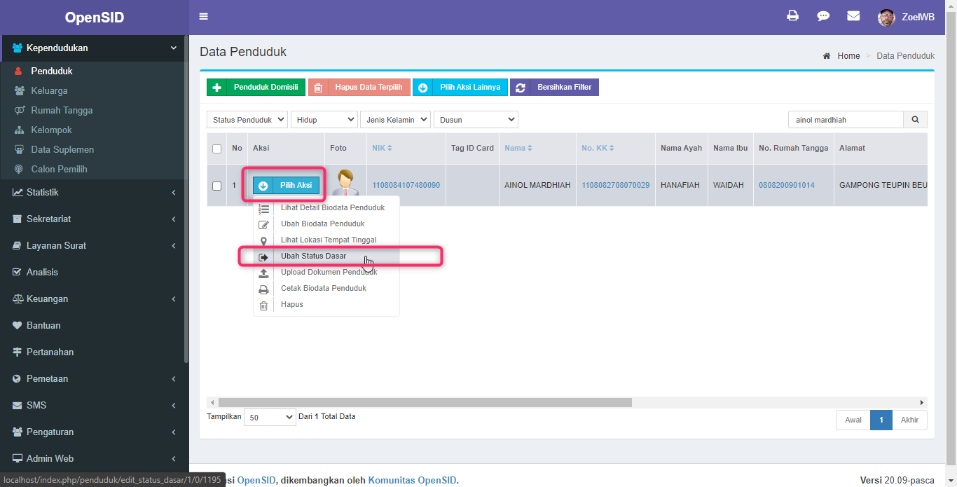 Bug pada Fitur Data Penduduk pada Fitur Pilih Aksi " Ubah Status Dasar ...