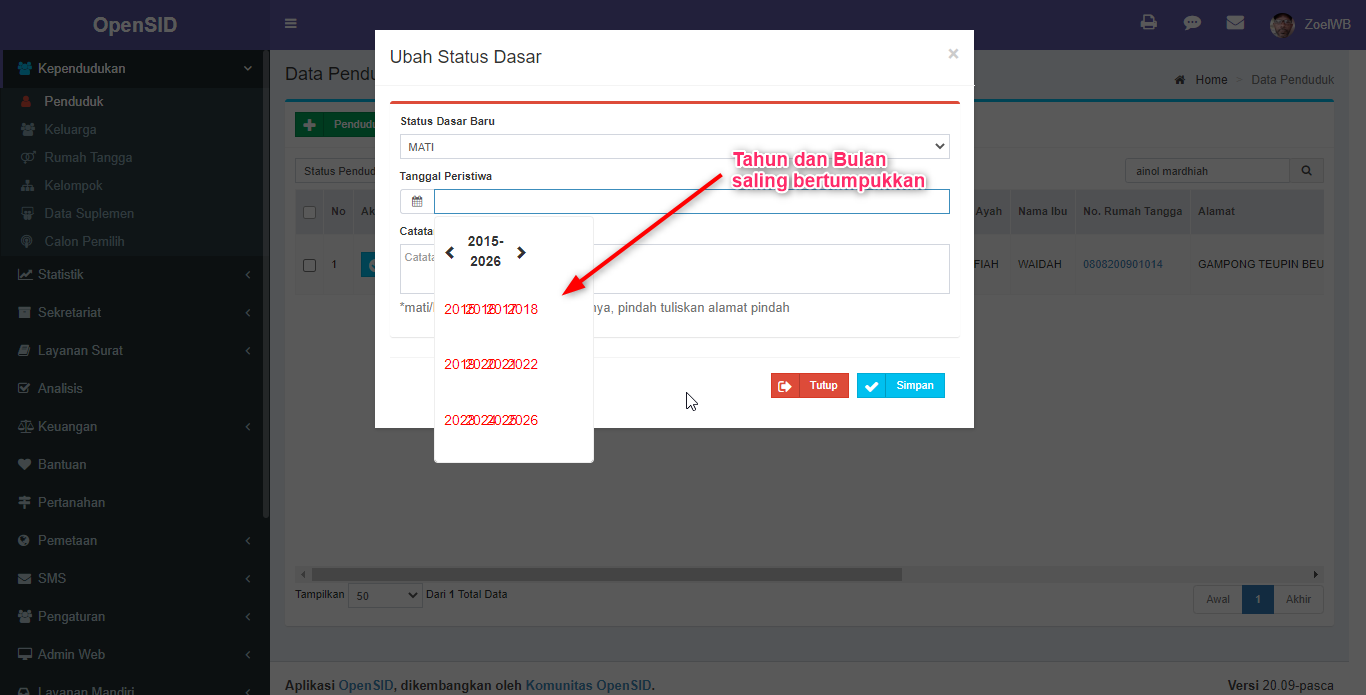 Bug pada Fitur Data Penduduk pada Fitur Pilih Aksi " Ubah Status Dasar ...