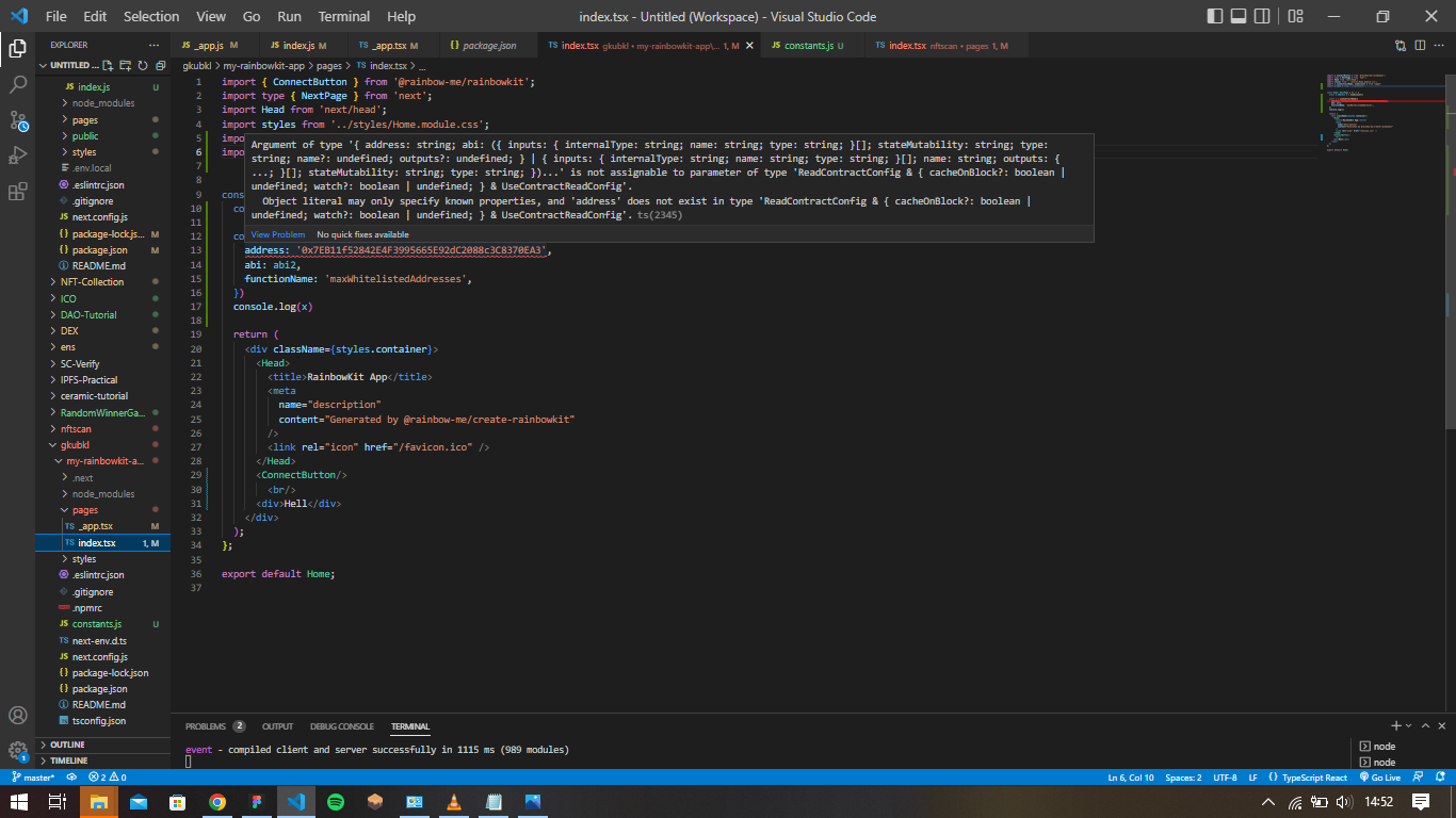 Wagmi hook returning undefined. · Issue #826 · rainbow-me/rainbowkit ...