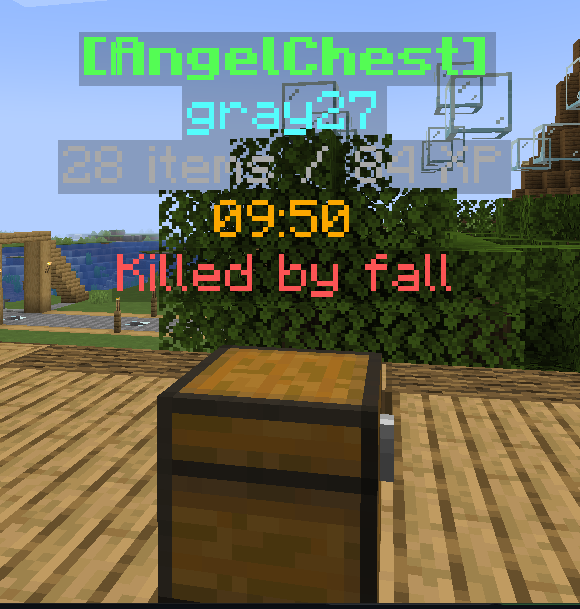 AngelChestの見た目。プレイヤー名と残り時間、死因が表示されている