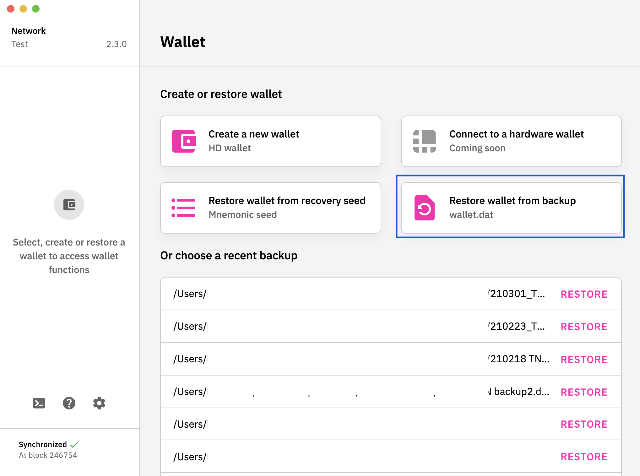 Restore wallet from backup