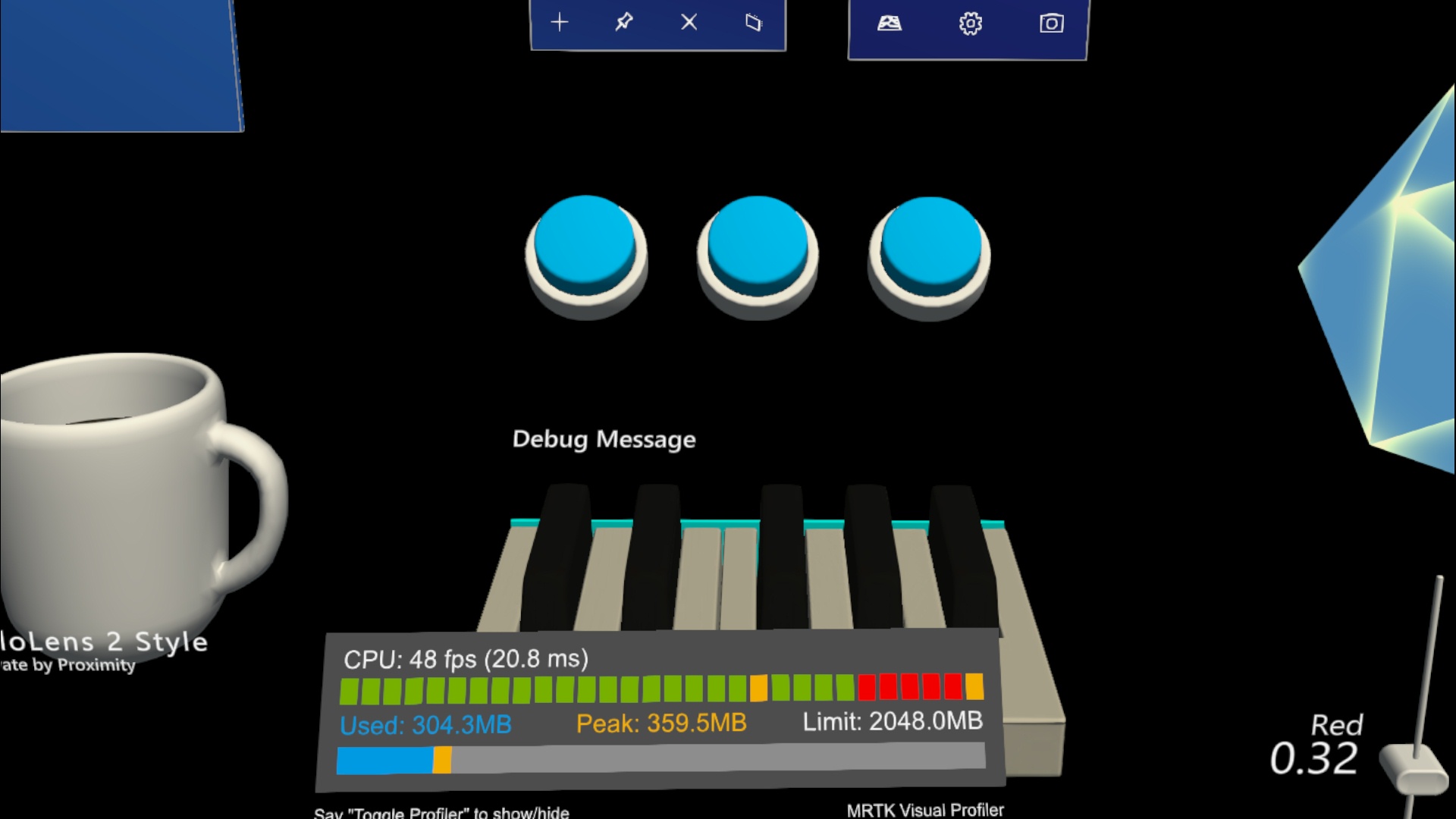 Hand Interaction Examples displays generic message above the piano keys