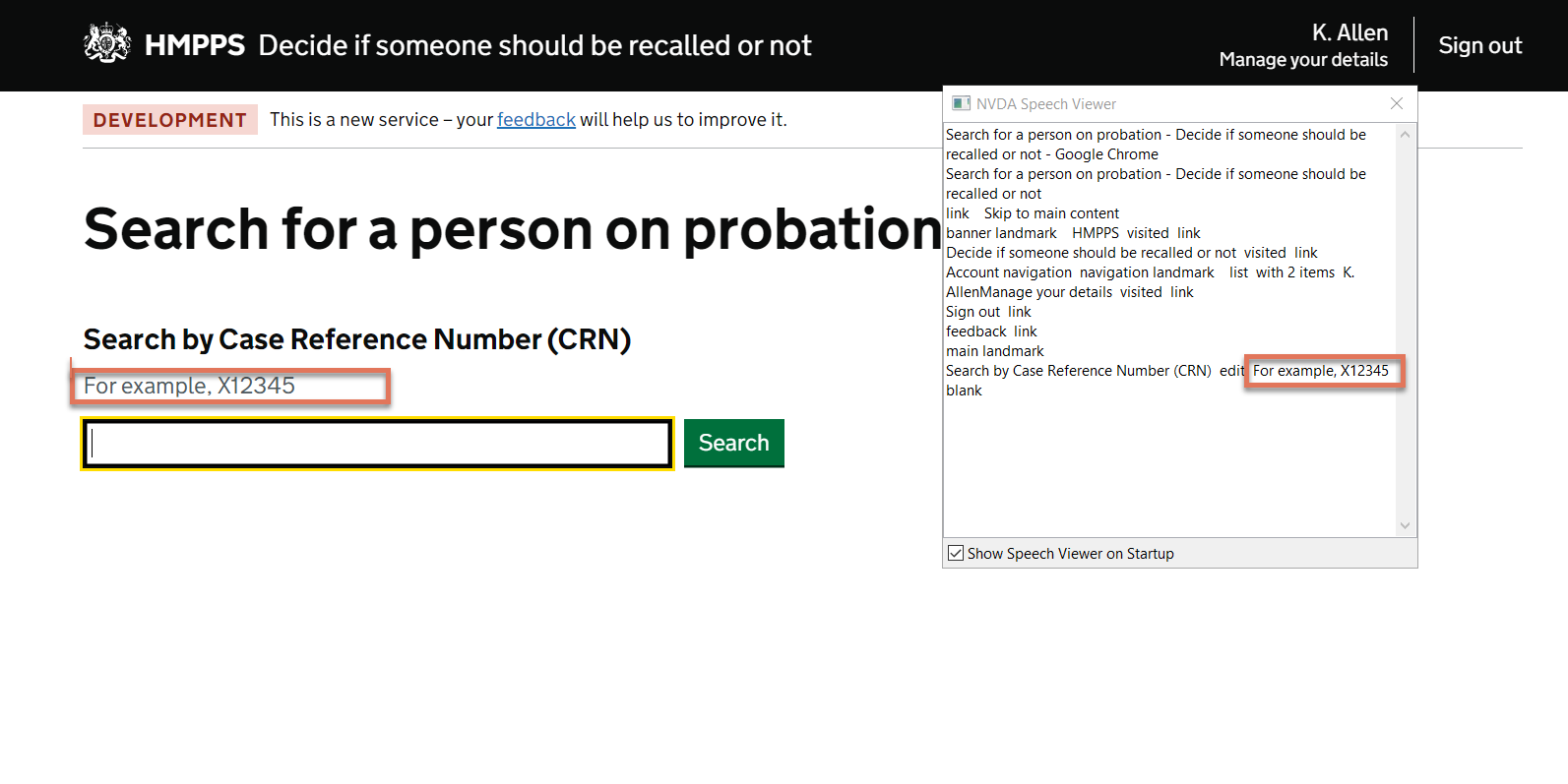 Hint text highlighted on Probation Search page