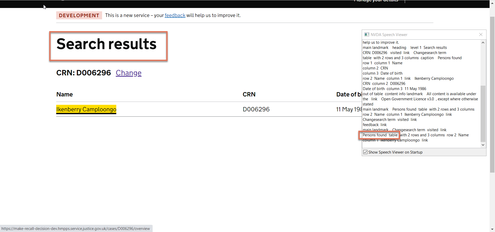 Table caption highlighted on Probation Search Results page