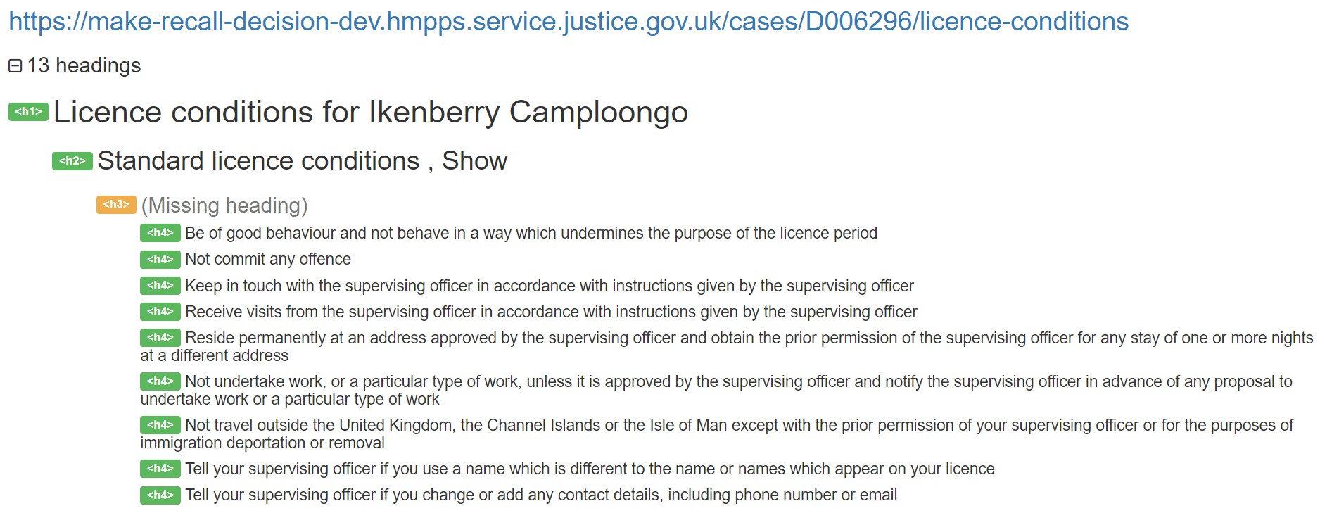 Headings structure on License Conditions page