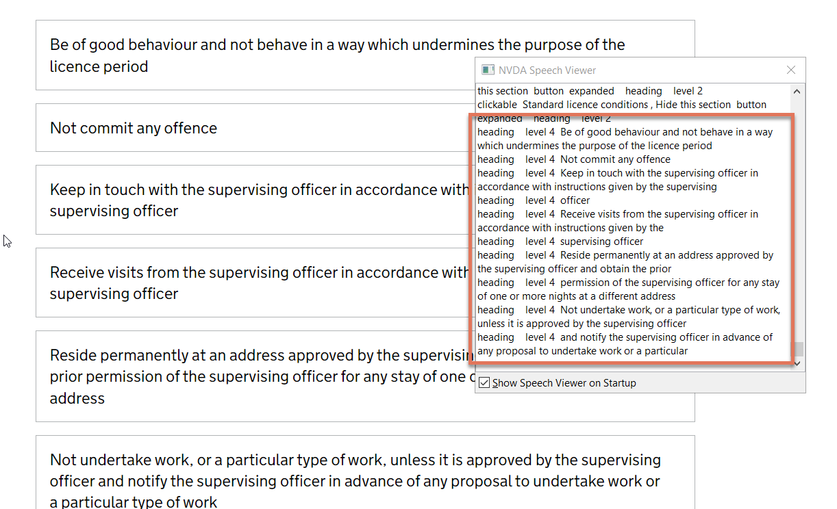 Containers within License Conditions page with NVDA speech viewer activated
