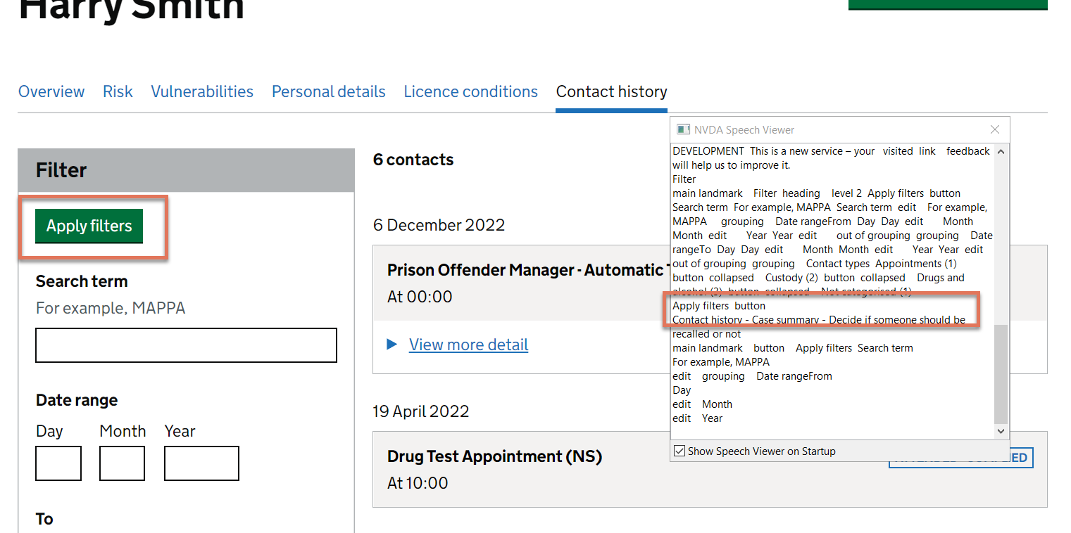 Apply Filters button highlighted on Contact History page