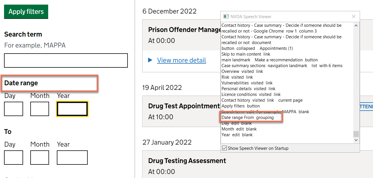Date Range input field highlighted on Contact History page