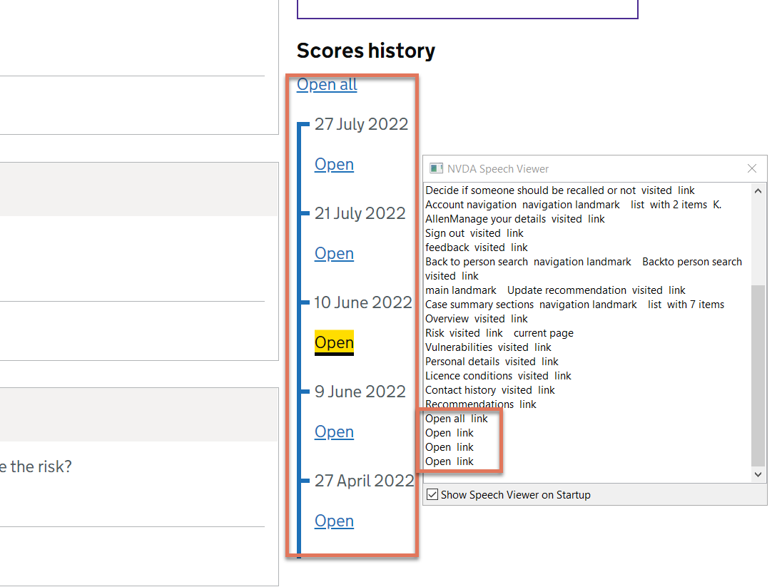 Scores History links highlighted on Risk page with NVDA speech viewer activated
