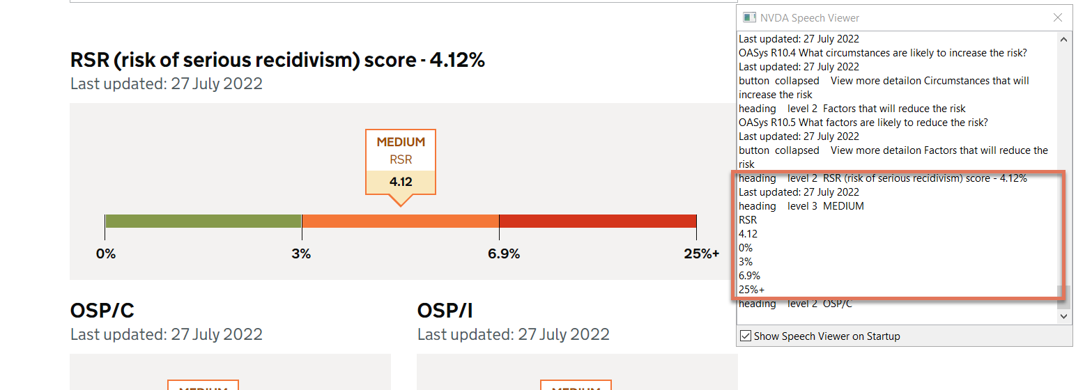 RSR graph on Risk page with NVDA speech viewer activated