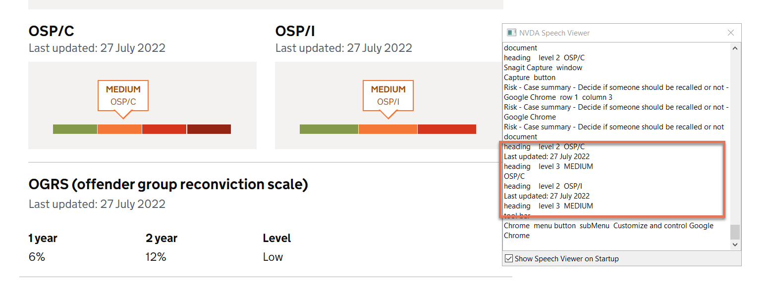 OSP graphs on Risk page with NVDA speech viewer activated