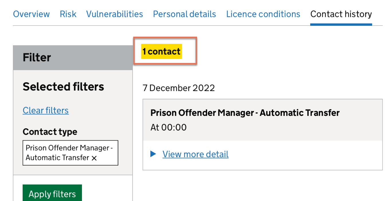 Search result highlighted on Contact History page