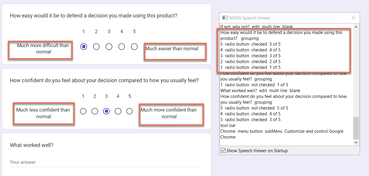 Likert scale labels highlighted with NVDA speech viewer activated