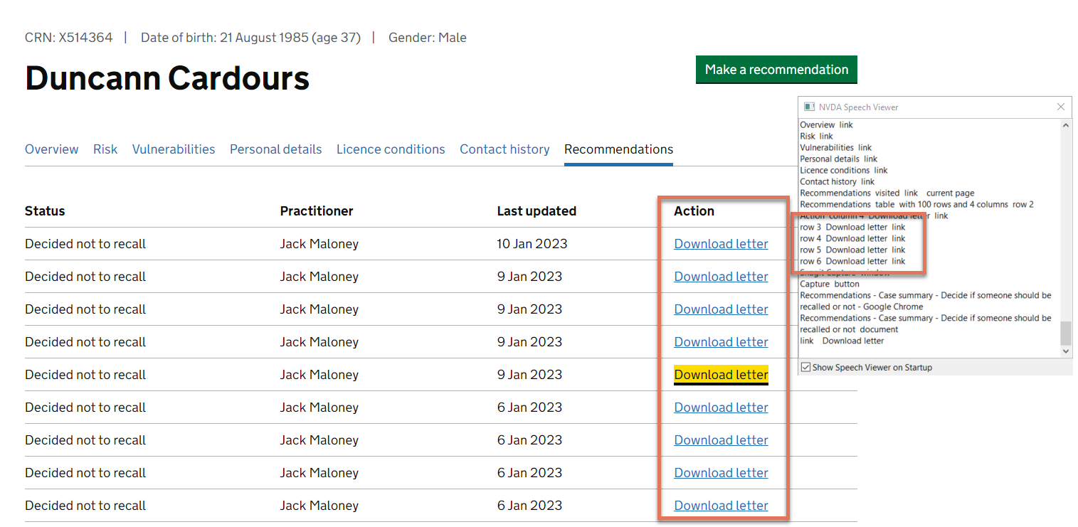 Action column links highlighted on the Recommendations
