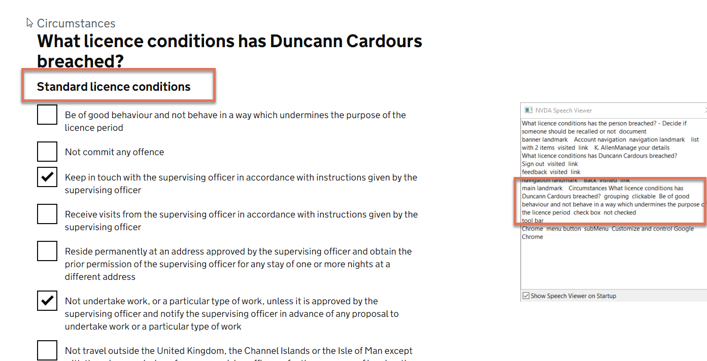 Standard license conditions highlighted on Recommendations Circumstances page