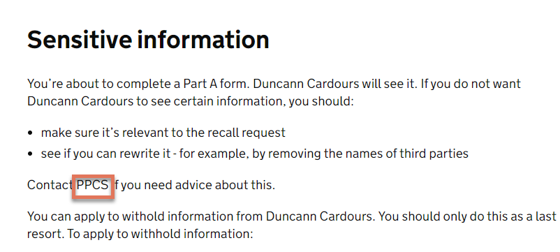 Text highlighted on Sensitive Information page