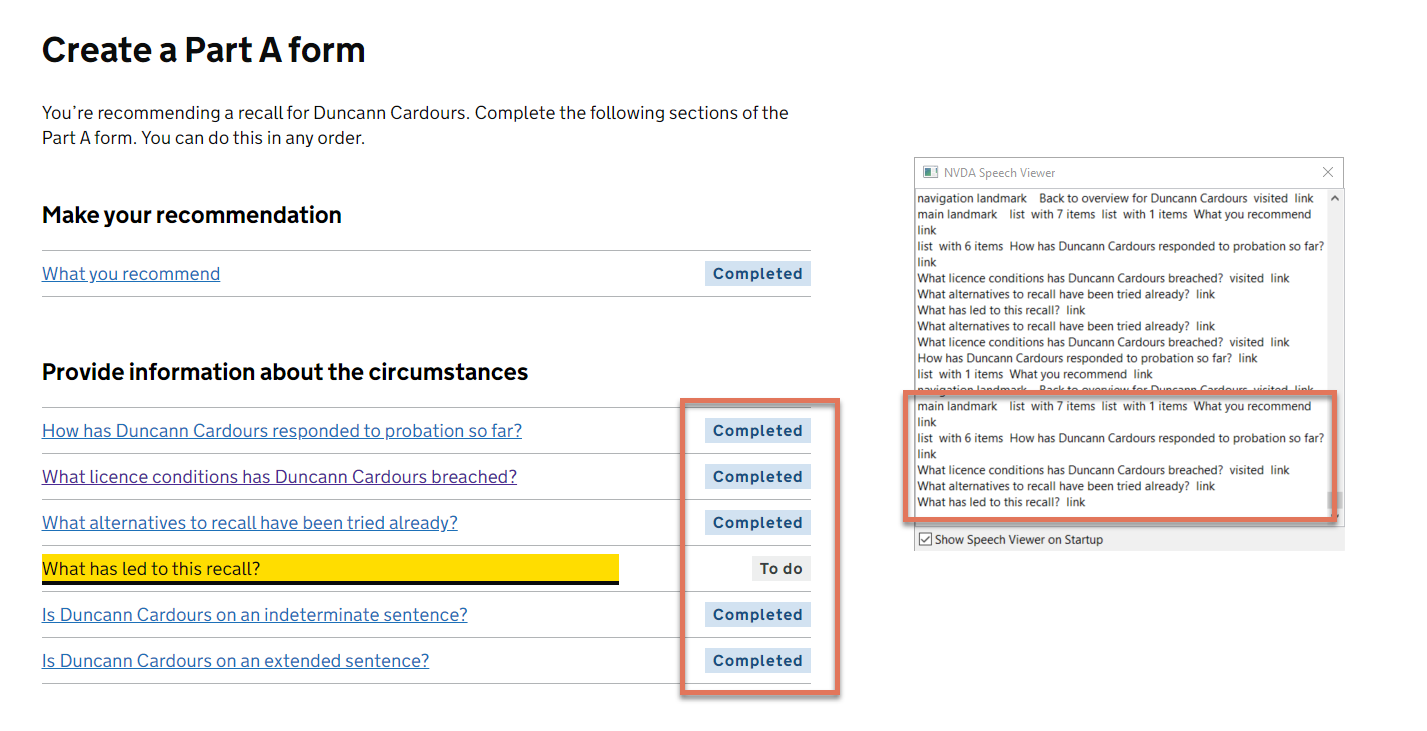 Completed and To Do statuses highlighted on Create a Part A Form page