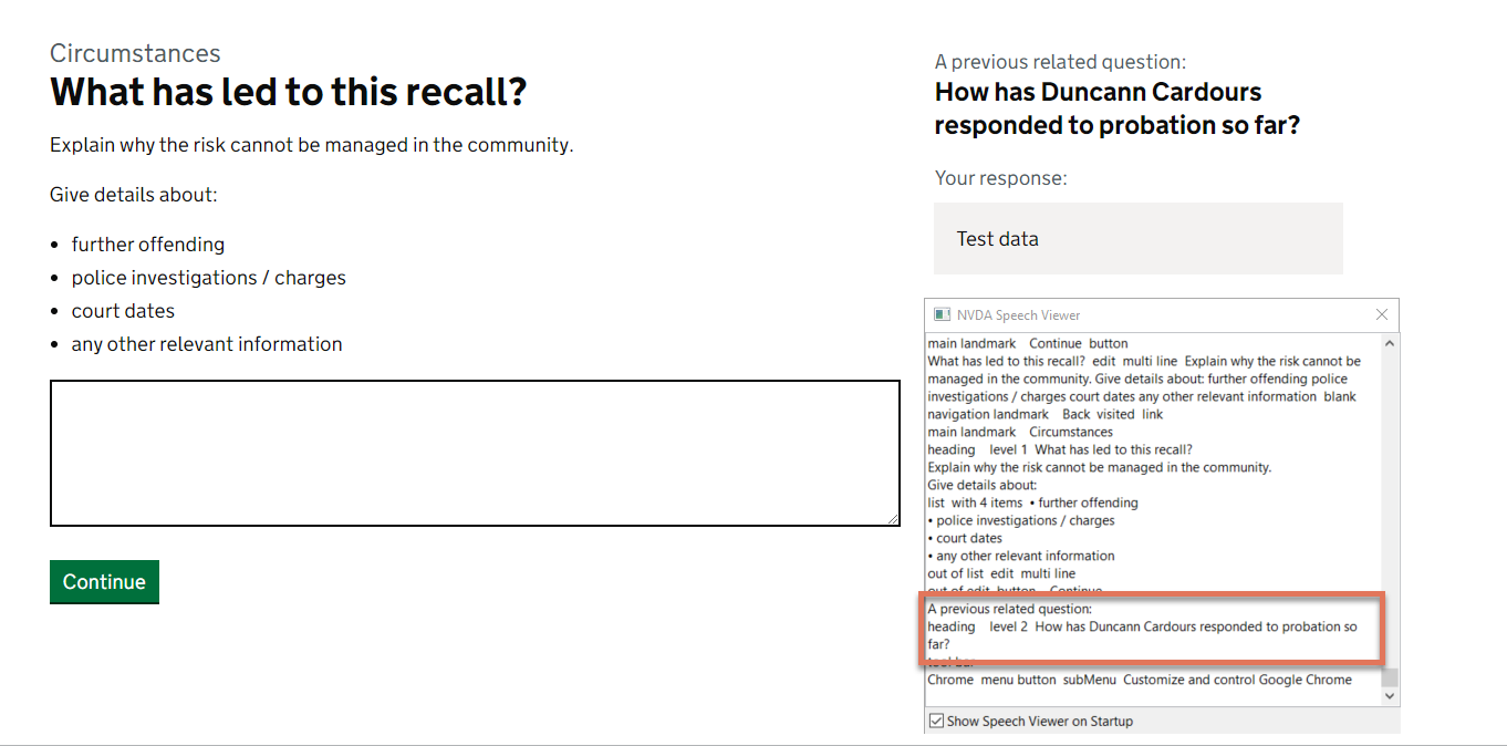 NVDA speech viewer on the Circumstances (What led to this recall) page