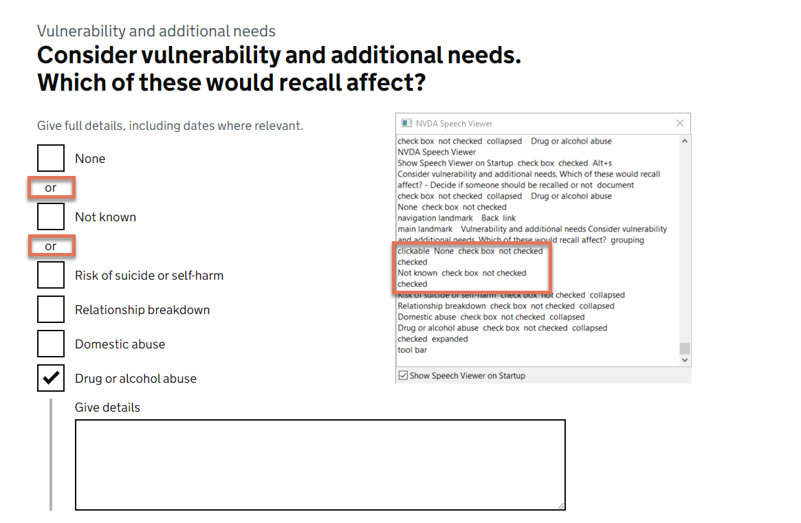 Input options with NVDA speech viewer on the Vulnerability and Additional Needs page