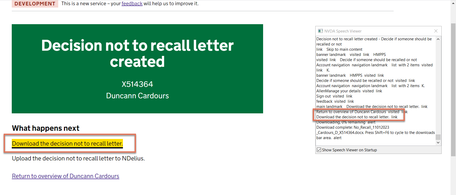 Download link highlighted on No Recall Letter page
