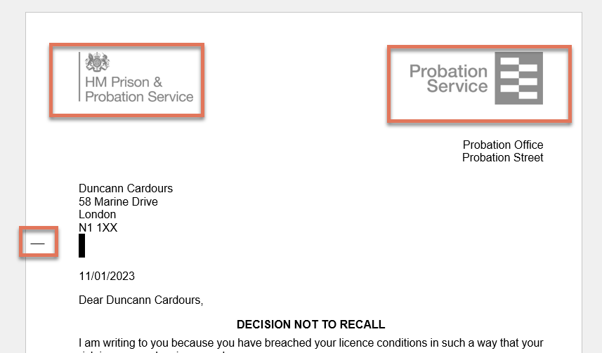 Graphics highlighted on No Recall letter