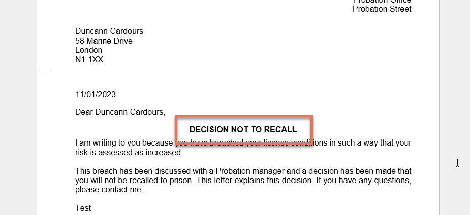 Formatted heading highlighted on No Recall Letter