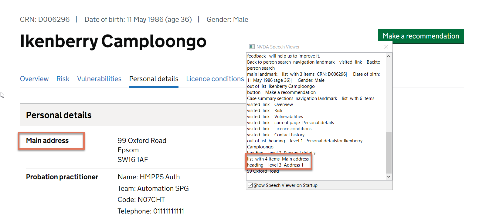 Main Address highlighted on Personal Details page