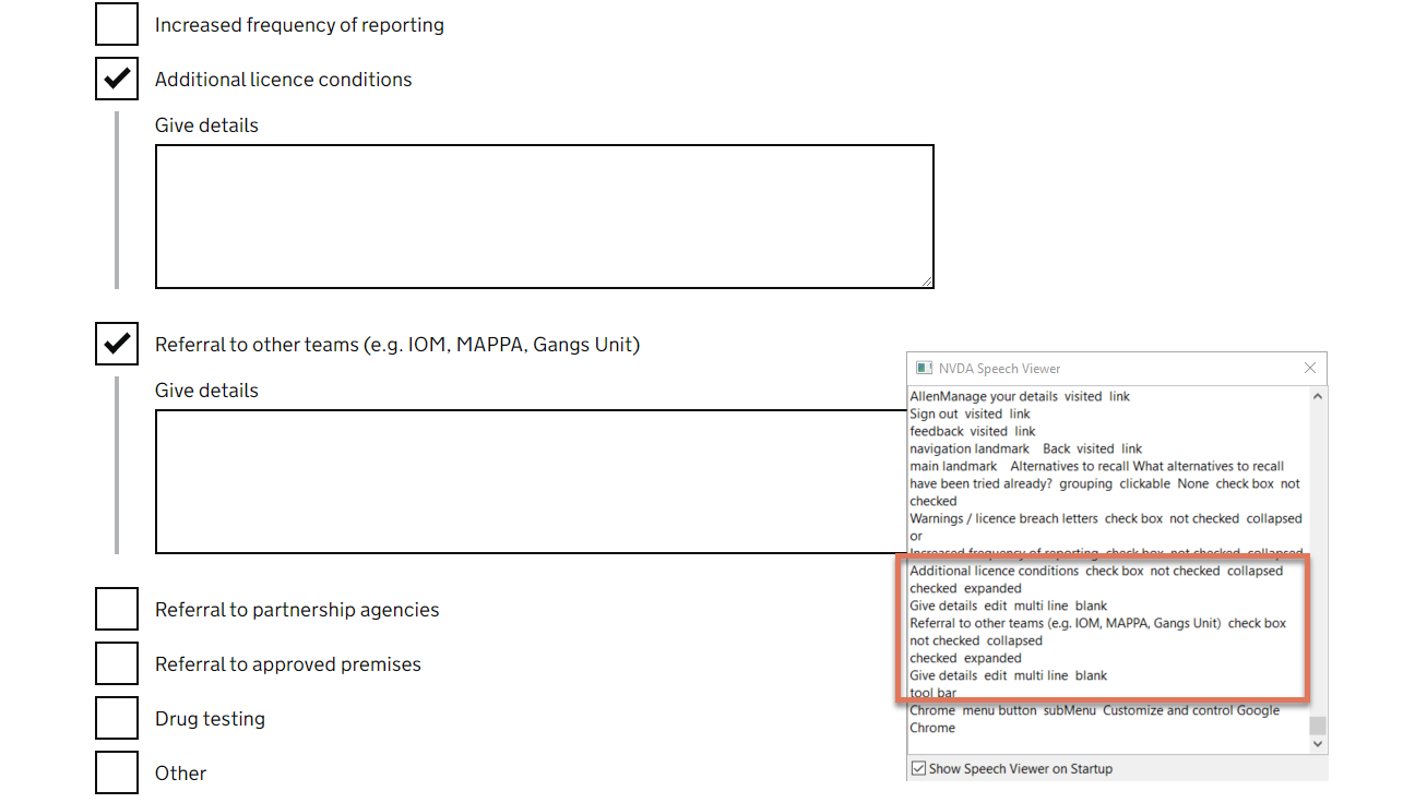 Give details text input field on Alternatives to Recall page