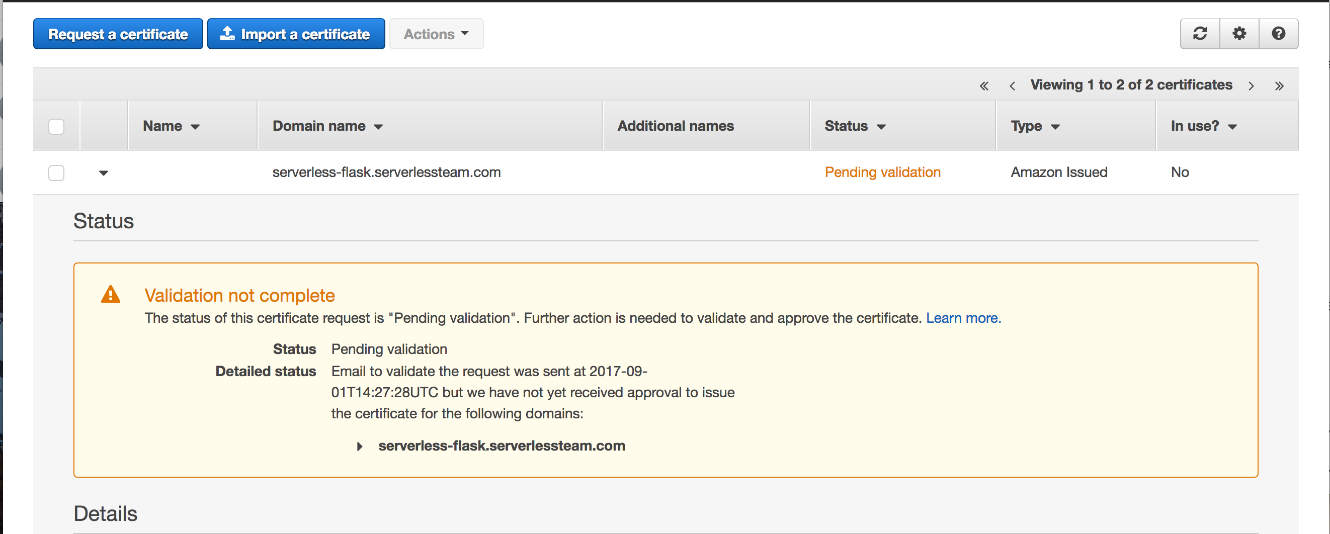 Certificate Pending Validation