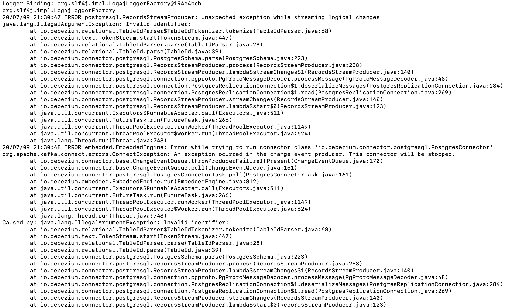 CDC Debezium for Postgresql error IllegalArgumentException Invalid